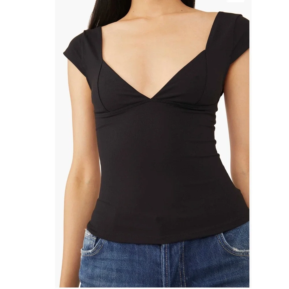 Intimately Free People Black Cap Sleeve Deep V-Neck Top OB1524278 Small